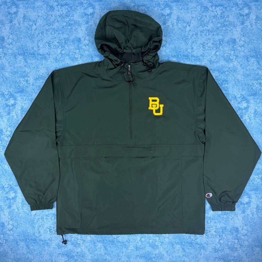 Champion Baylor Bears Mens Large Green Quarter Zip Hooded Windbreaker Jacket